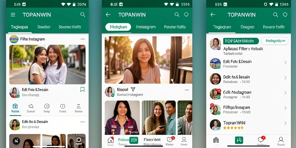 Tampilan utama aplikasi TOPANWIN dengan berbagai filter Instagram.